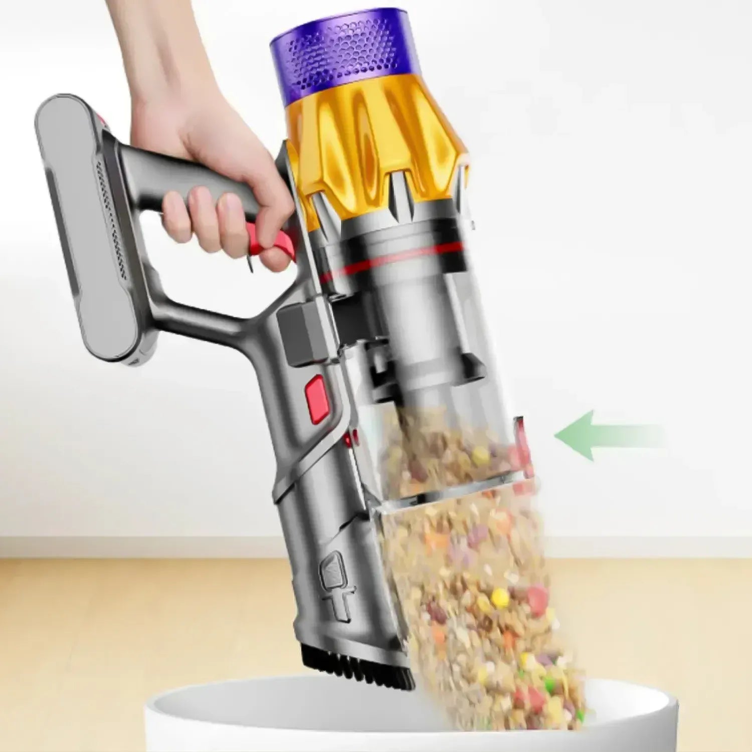 Airvax Staubsauger saugt Tierfutter aus Schüssel mit transparentem Behälter für Schmutz