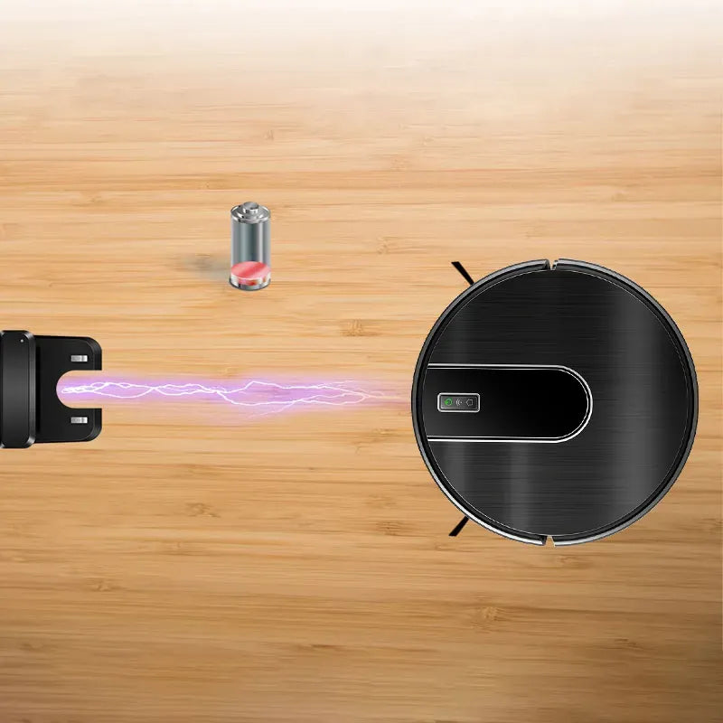 AreoBot N7S Roboterstaubsauger auf Holzboden mit Ladestation im Hintergrund