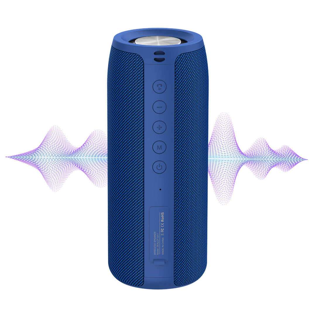 Blauer tragbarer Meacode Bluetooth-Lautsprecher mit Schallwellen-Grafik auf weißem Hintergrund