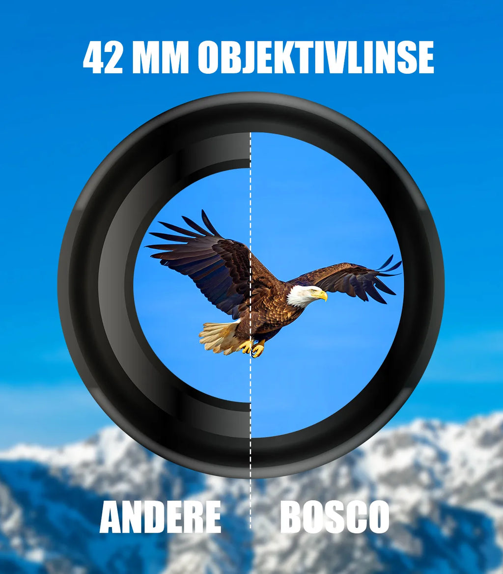 42-mm-Objektivvergleich mit Adler und bergiger Landschaft – Bosco Ferngläser C9