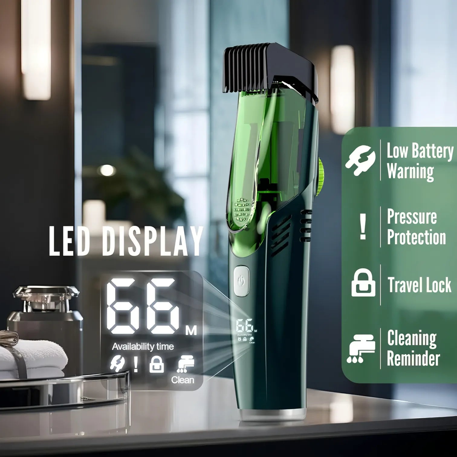 Grüner Danxon Barttrimmer mit LED-Display auf einem Badezimmertisch