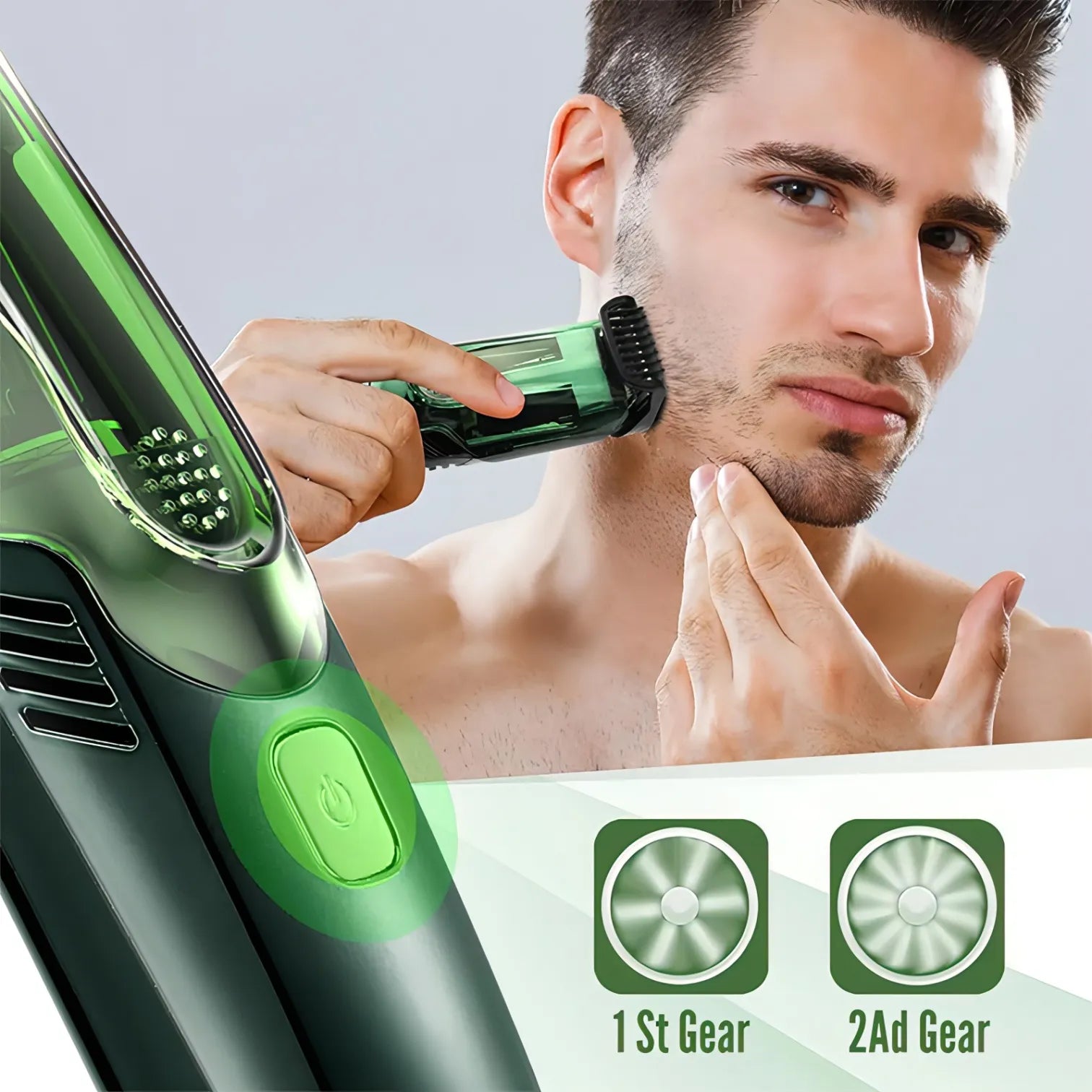 Mann verwendet einen grünen Danxon Barttrimmer mit Nahaufnahmedetails auf grauem Hintergrund