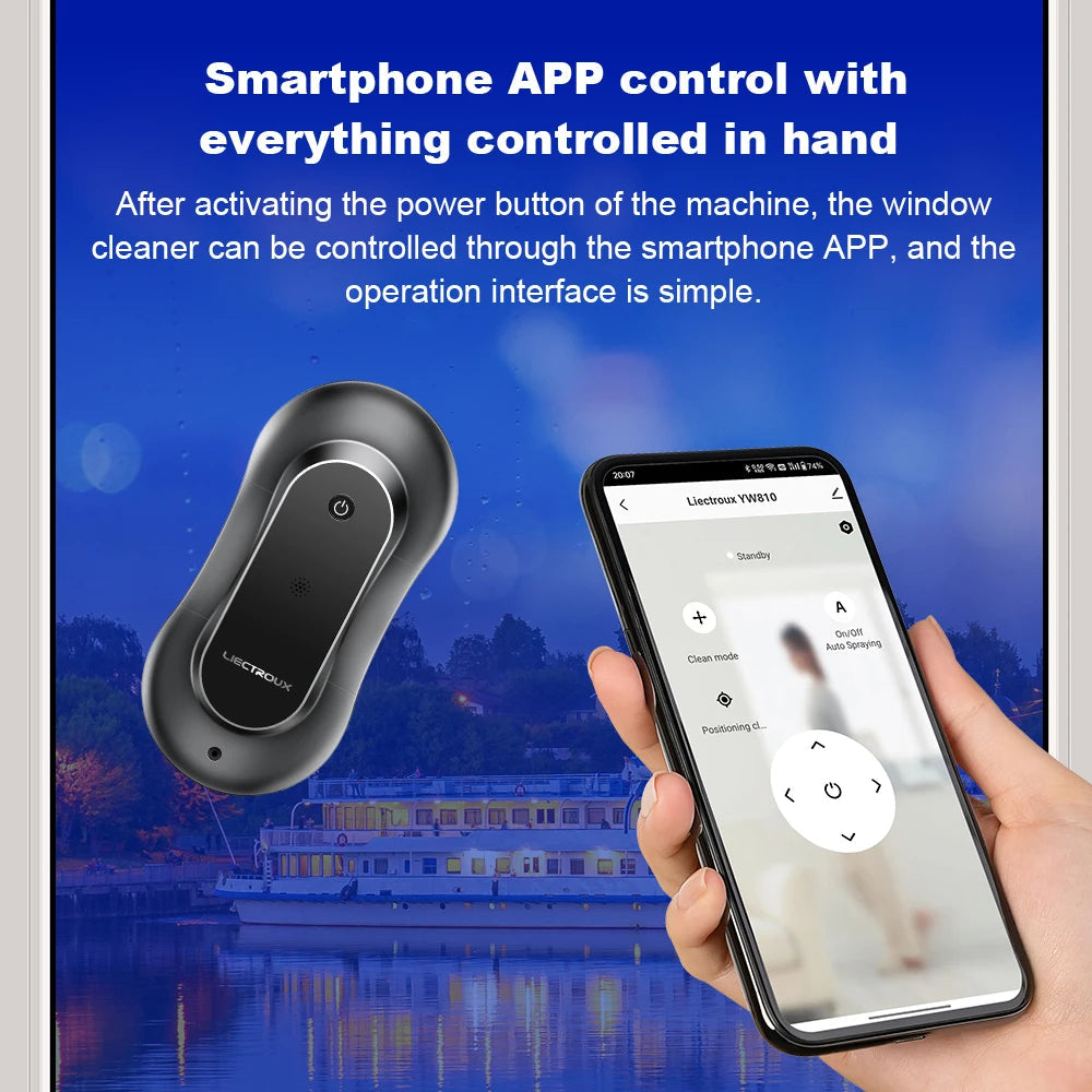 Danxon Fensterputzroboter mit Smartphone-App-Steuerung vor malerischem Hintergrund
