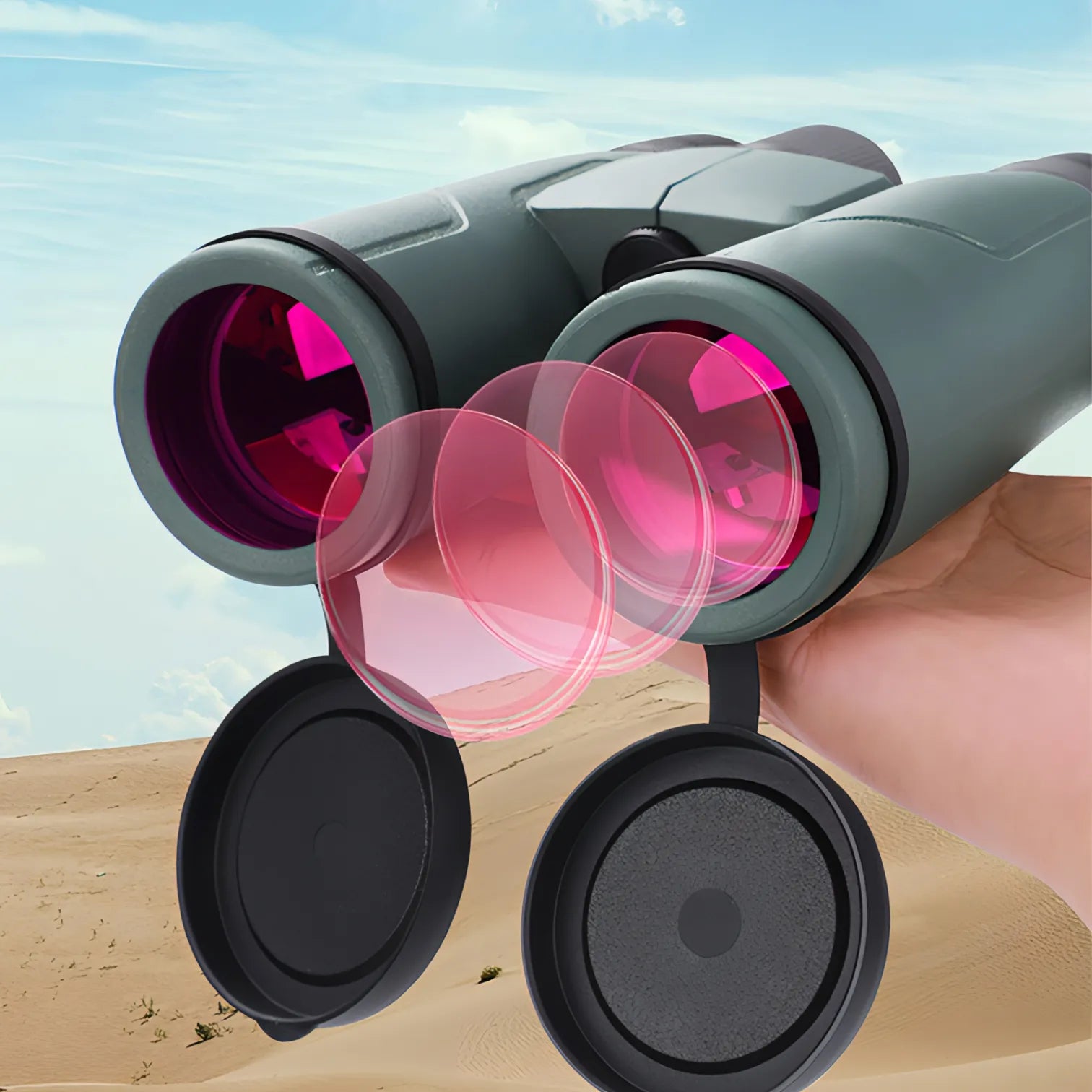 Danxon Ferngläser mit pinkfarbenen Linsen, gehalten vor einer Wüstenlandschaft