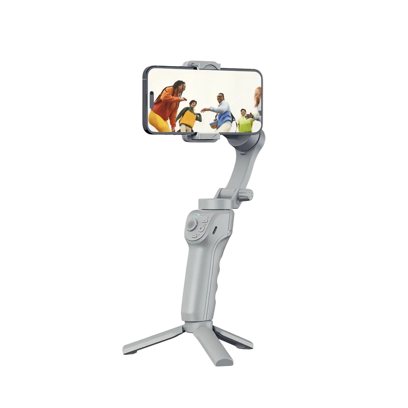 Danxon Gimbal-Stabilisator mit Smartphone, das ein Sportspiel anzeigt, auf weißem Hintergrund