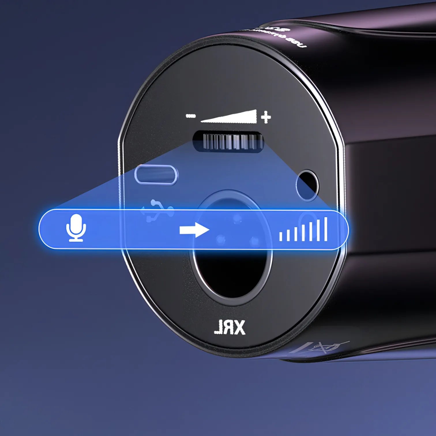 Nahaufnahme eines schwarzen Danxon Mikrofongeräts mit Bedientasten vor dunkelblauem Hintergrund