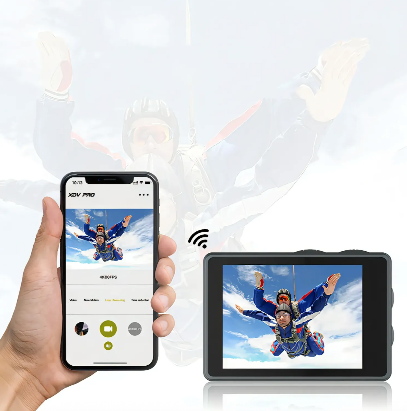 Hand mit Smartphone und Drohnen-App sowie Danxon Action Kamera zeigt Fallschirmsprung-Szene
