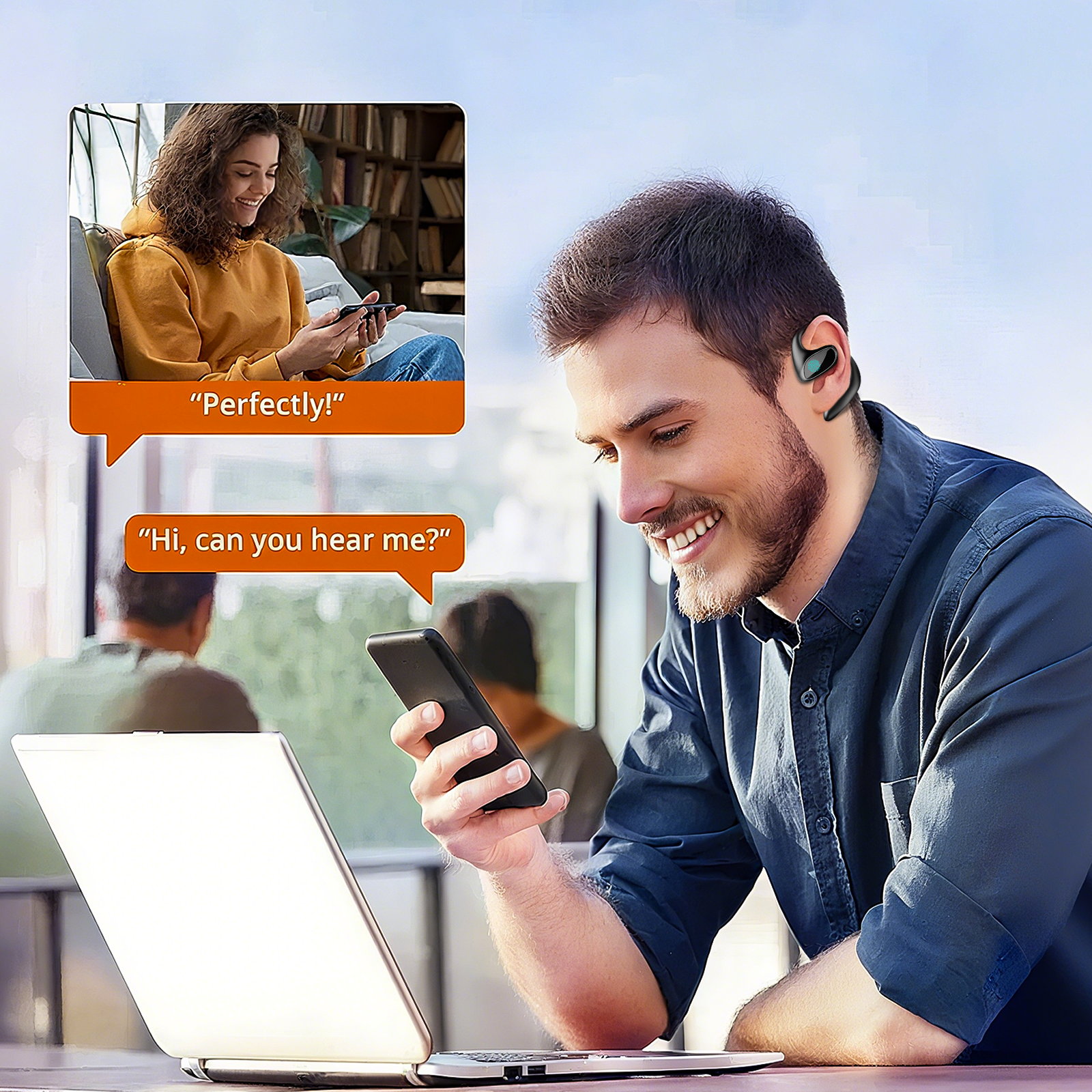 Mann benutzt Smartphone mit Meacode AI Translation Earbuds, lächelt, mit Frau im Videoanruf eingeblendet