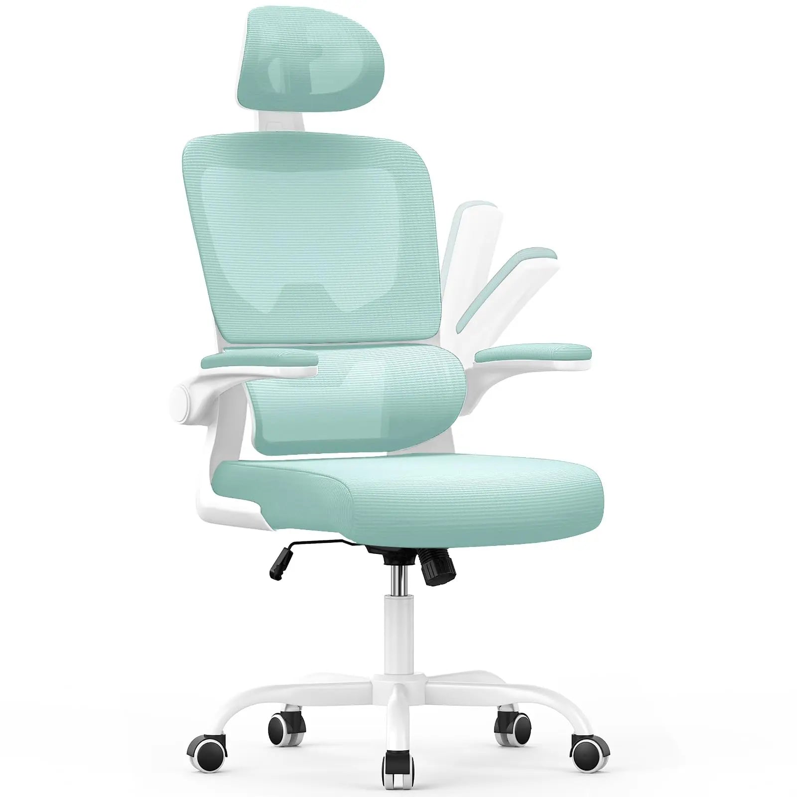 Mintgrüner Norevia Ergonomische Bureaustoel mit Kopfstütze auf weißem Hintergrund