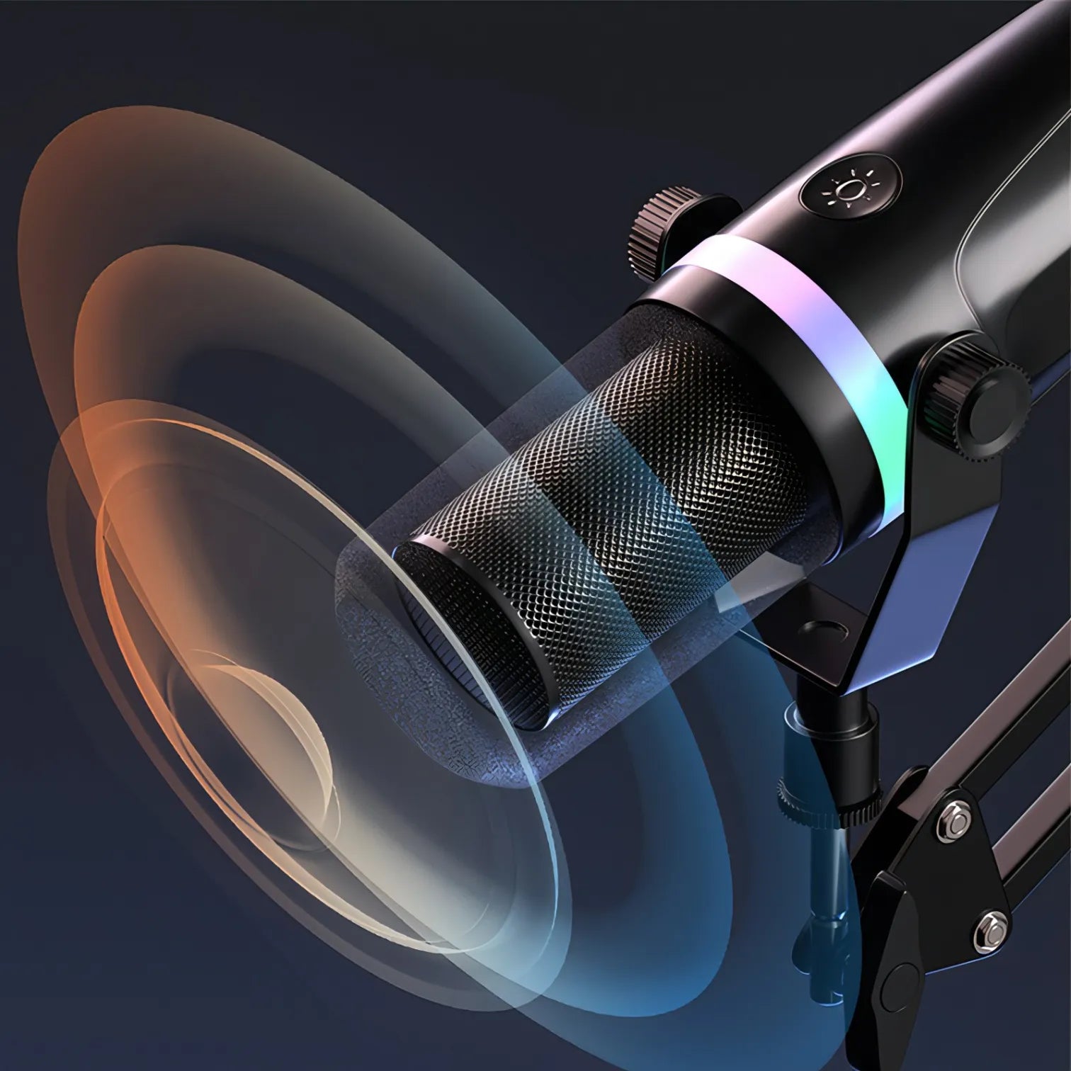 Nahaufnahme eines Danxon Mikrofons mit RGB-Beleuchtung vor dunklem Hintergrund