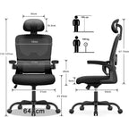 Schwarzer Norevia Ergonomische Bureaustoel mit Maßangaben auf weißem Hintergrund