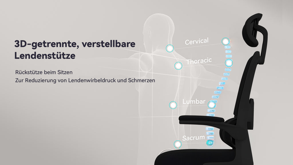 Ergonomischer Norevia Ergonomische Bureaustoel mit beschrifteten 3D-getrennten verstellbaren Lendenstützen auf grauem Hintergrund