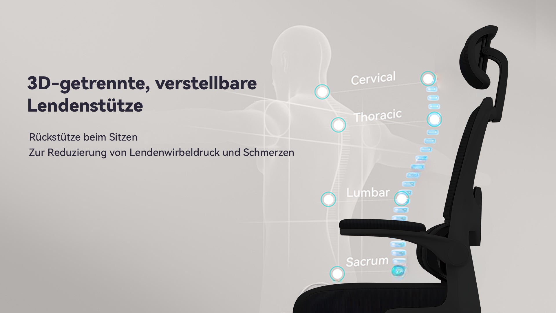 Ergonomischer Norevia Ergonomische Bureaustoel mit beschrifteten 3D-getrennten verstellbaren Lendenstützen auf grauem Hintergrund