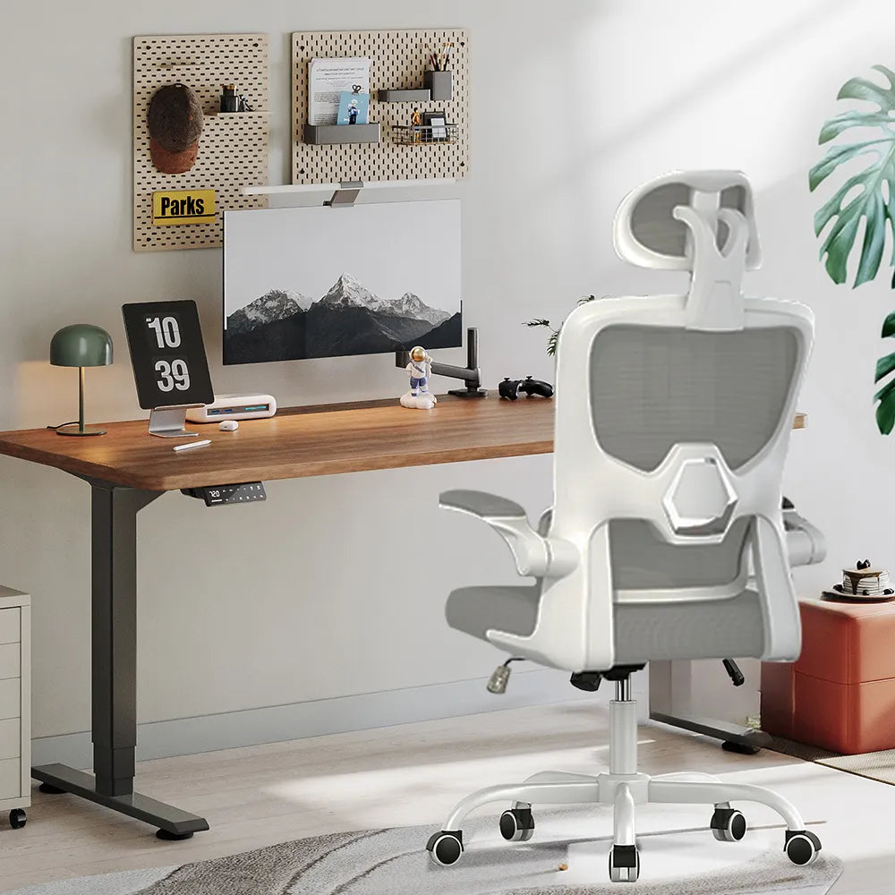 Modernes Büro-Setup mit ergonomischem Norevia Ergonomische Bureaustoel, Schreibtisch und Computermonitor
