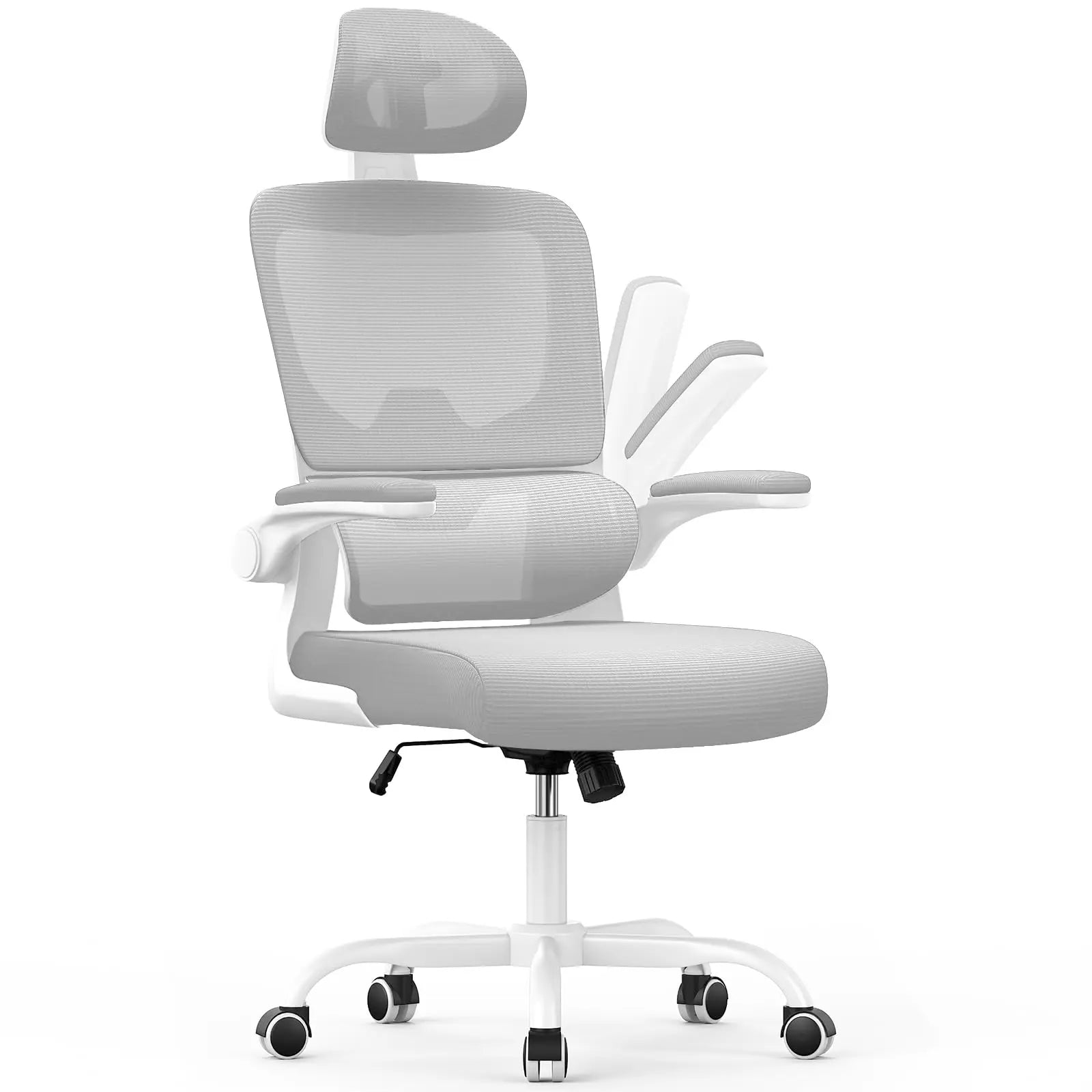 Weißer Norevia Ergonomische Bureaustoel mit Kopfstütze auf weißem Hintergrund