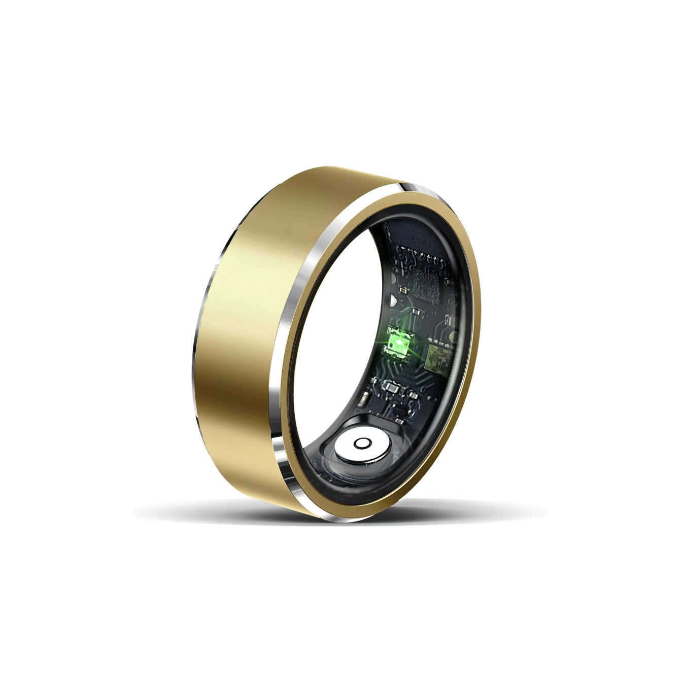 Goldener norwiss Smart Ring mit elektronischen Komponenten auf weißem Hintergrund