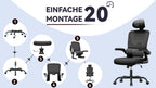 Schritt-für-Schritt-Montageanleitung für einen Norevia Ergonomische Bureaustoel mit Symbolen und Text auf hellblauem Hintergrund