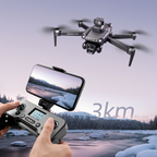 Skynore drohne air fliegt über verschneite Landschaft mit Person, die ein Steuergerät hält und Smartphone mit Ansicht anzeigt