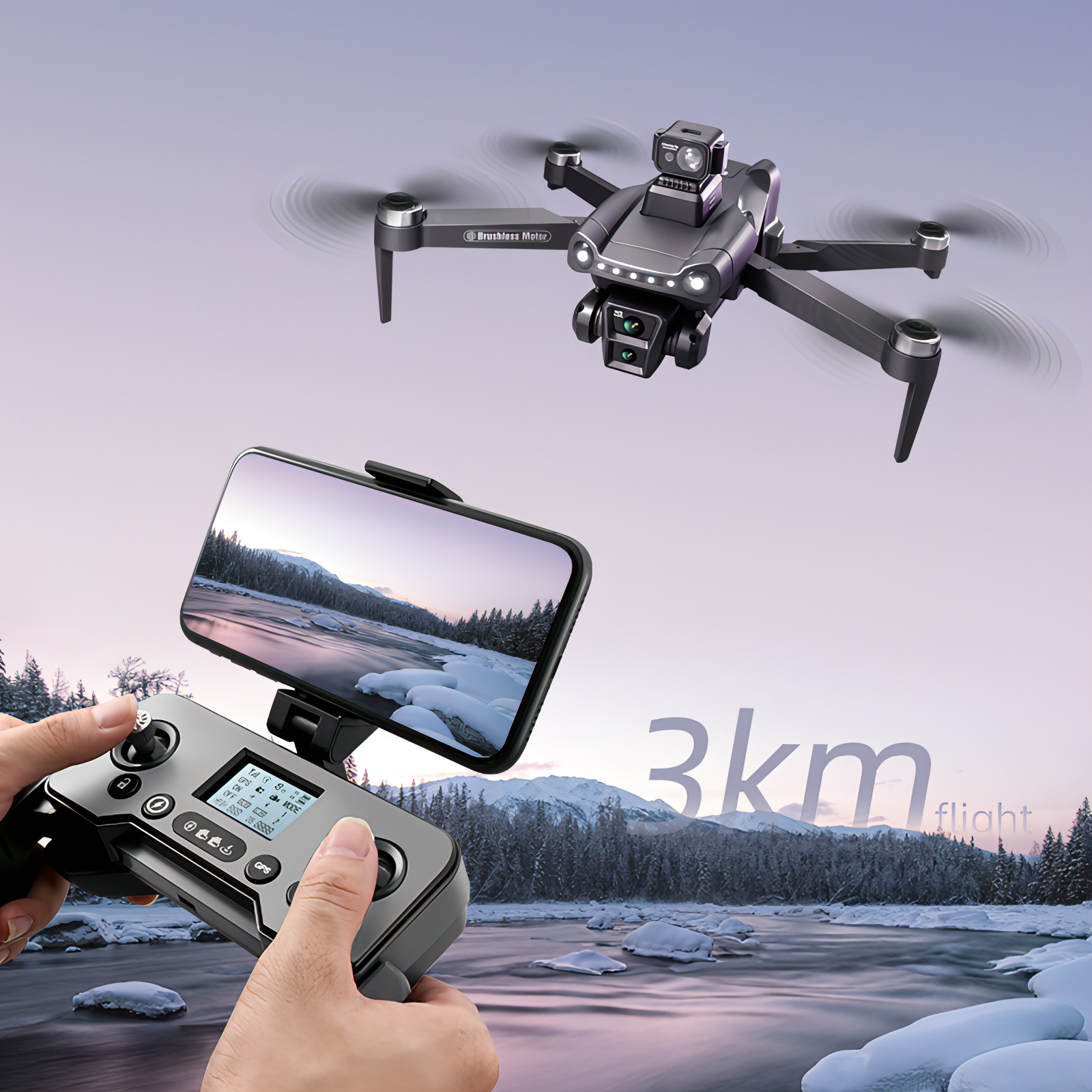Skynore drohne air fliegt über verschneite Landschaft mit Person, die ein Steuergerät hält und Smartphone mit Ansicht anzeigt