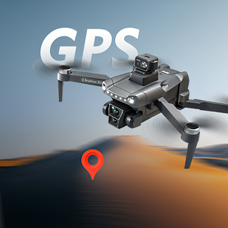 Skynore drohne air mit GPS-Text und Kartenmarkierung vor unscharfem Landschaftshintergrund