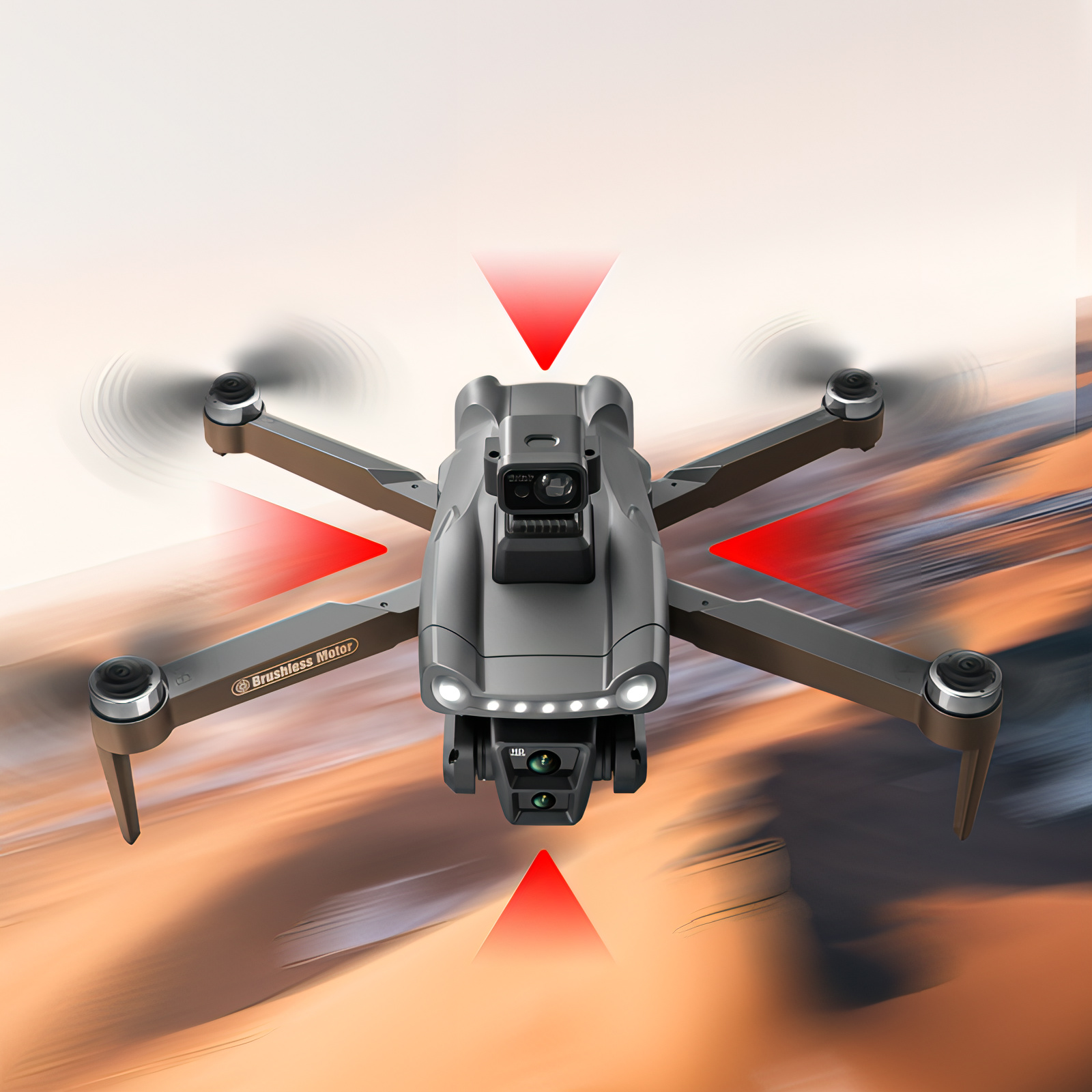 Skynore drohne air mit Kamera und roten Warndreiecken vor unscharfem Hintergrund