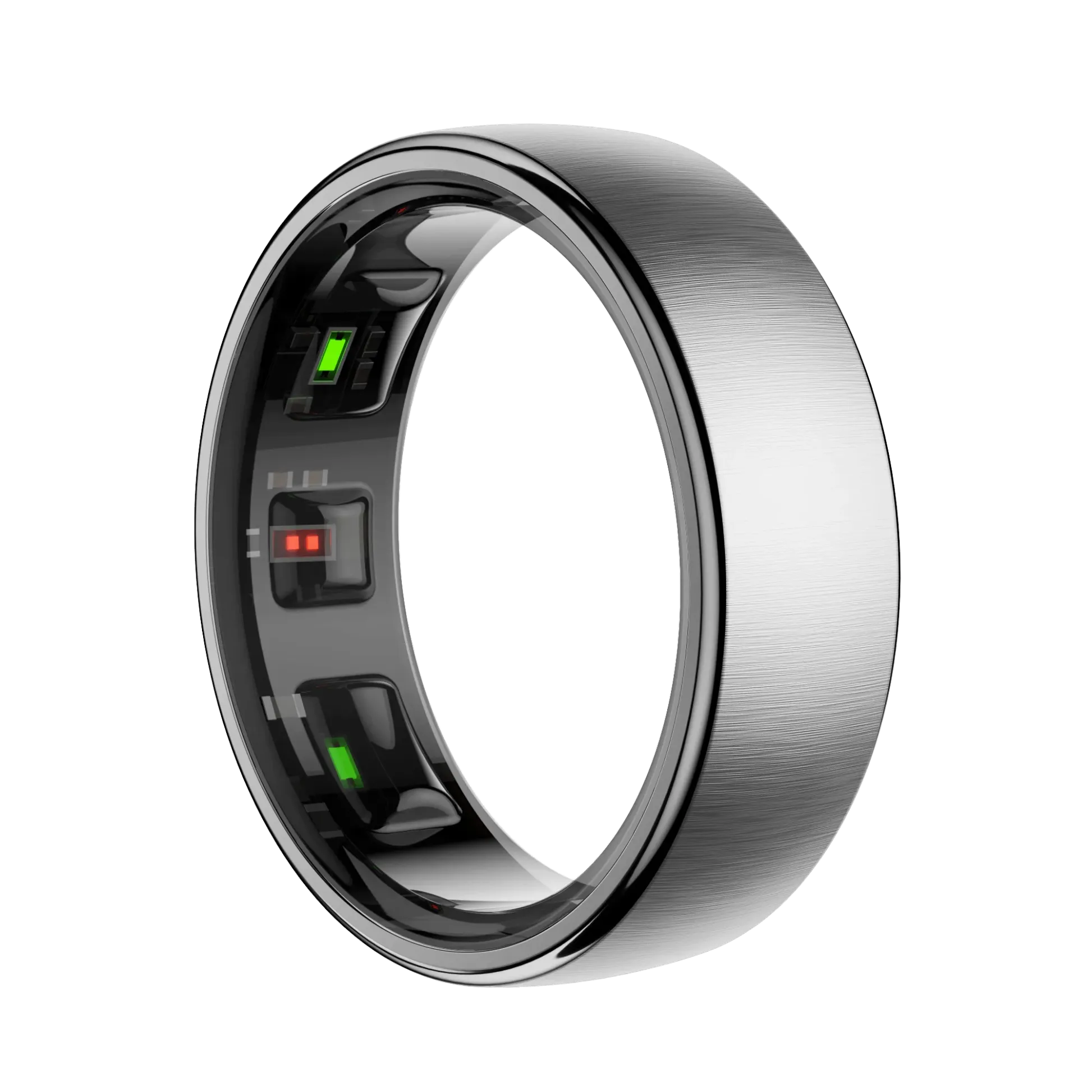 Silberner Smart SofiRing S10 mit elektronischen Komponenten auf weißem Hintergrund