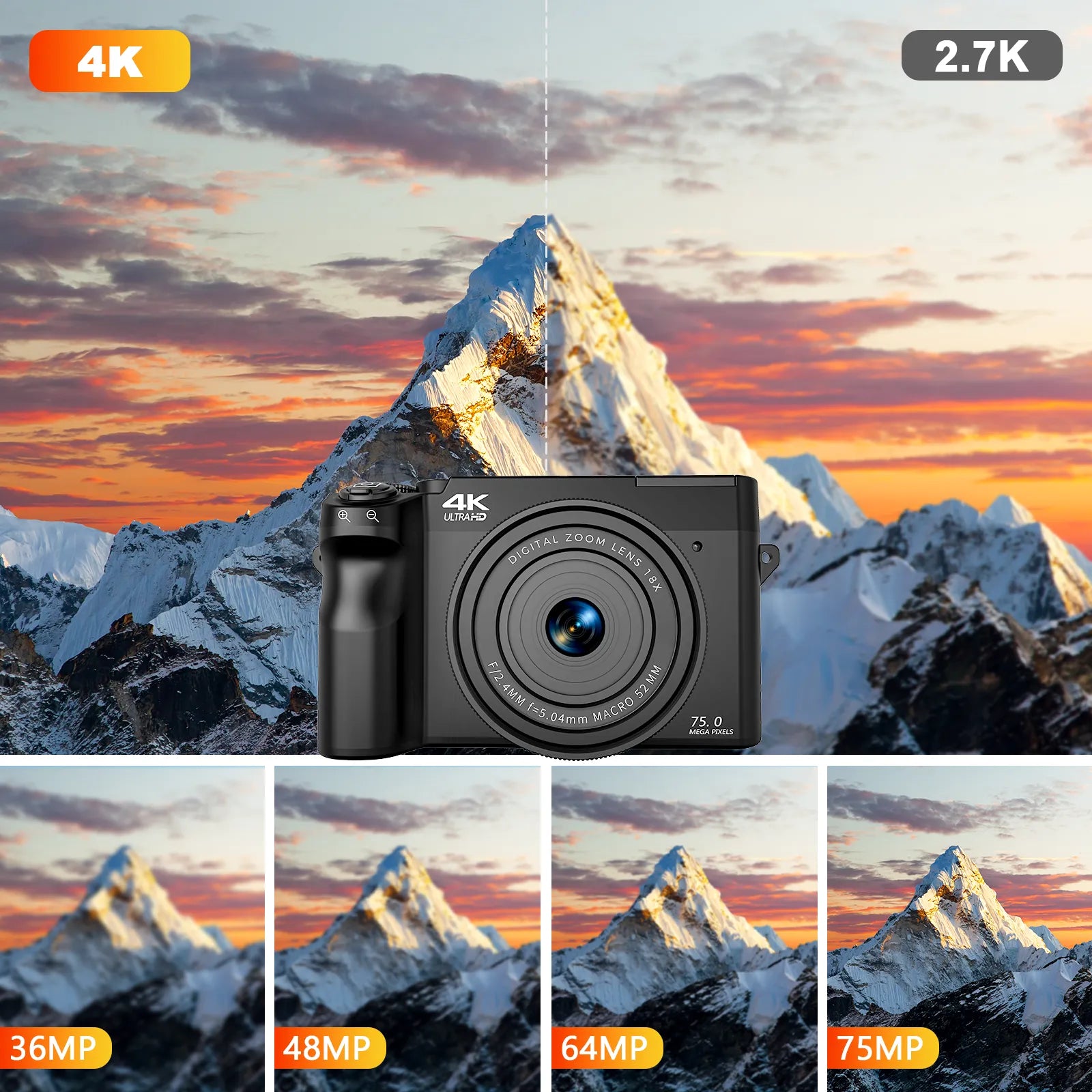 Zoomix Digitalkamera mit Berglandschaft und Anzeige verschiedener Auflösungsoptionen