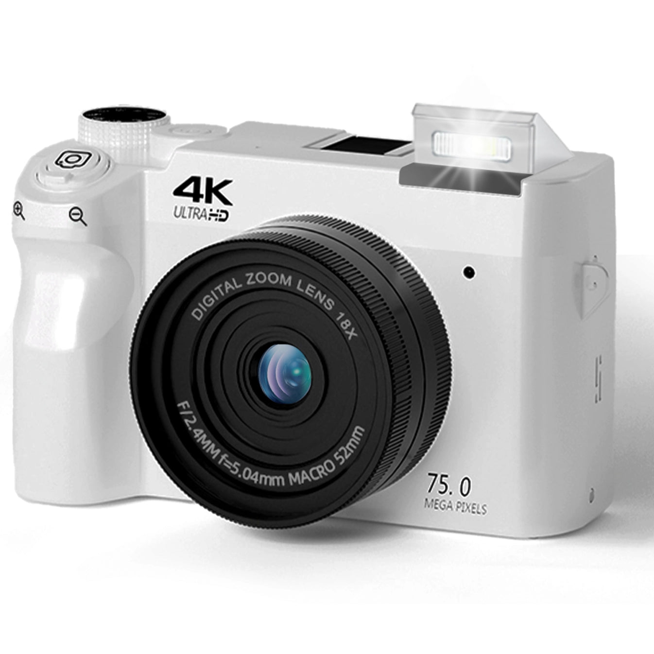 Weiße Zoomix Digitalkamera mit schwarzem Objektiv auf weißem Hintergrund